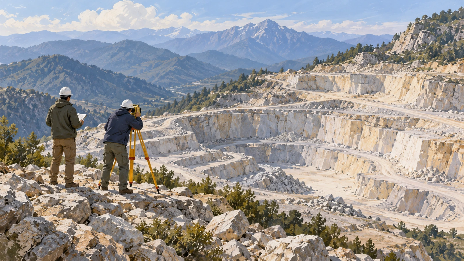 AI-generated editorial illustration of a fictional limestone survey. It does not depict the auctioned blocks or establish that mining has started.