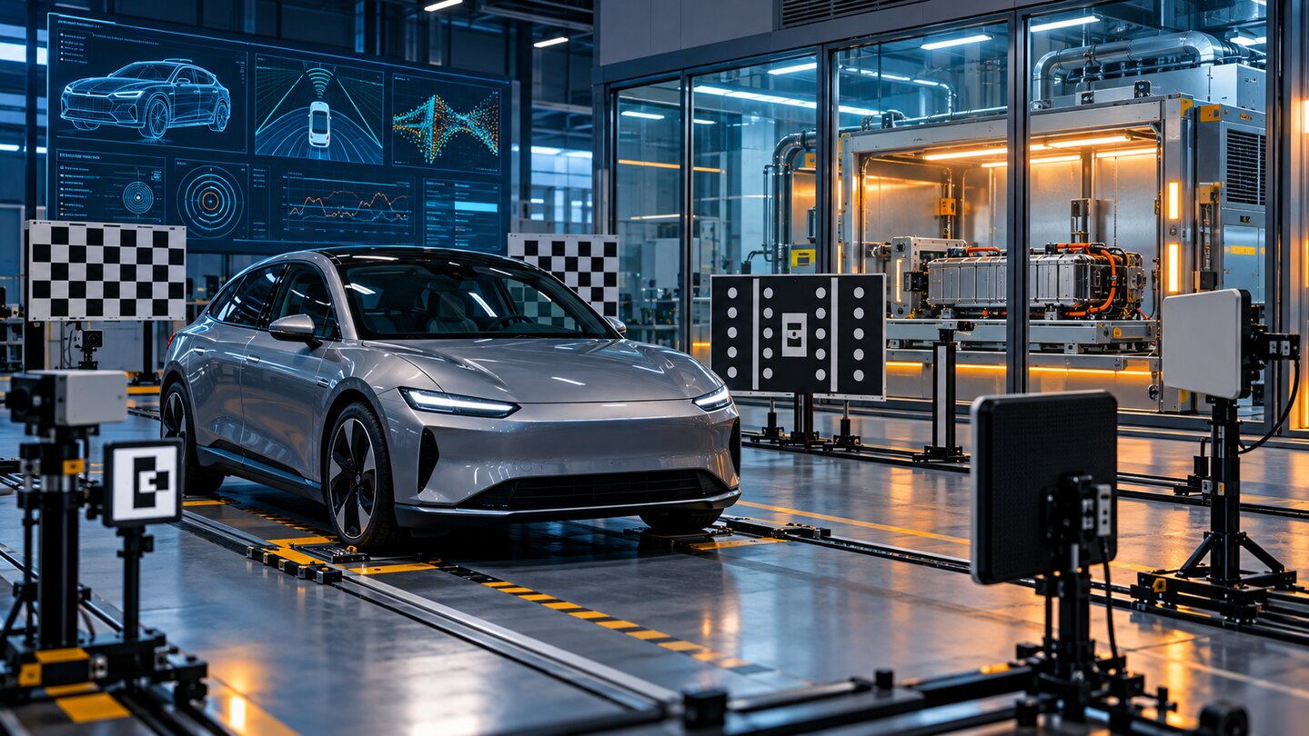 AI-generated editorial illustration of a generic electric-vehicle testing laboratory. It does not depict GARC or any actual test.