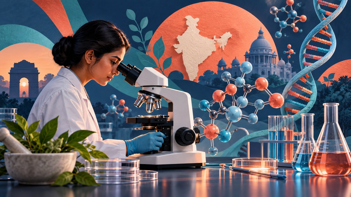 AI से बनाया गया संपादकीय चित्र: काल्पनिक शोधकर्ता और प्रतीकात्मक आणविक आकृतियों के साथ भारत में स्वास्थ्य अनुसंधान। यह रिपोर्ट के प्रतिभागियों, किसी चिकित्सा परिणाम या शरीर रचना का वास्तविक चित्र नहीं है।