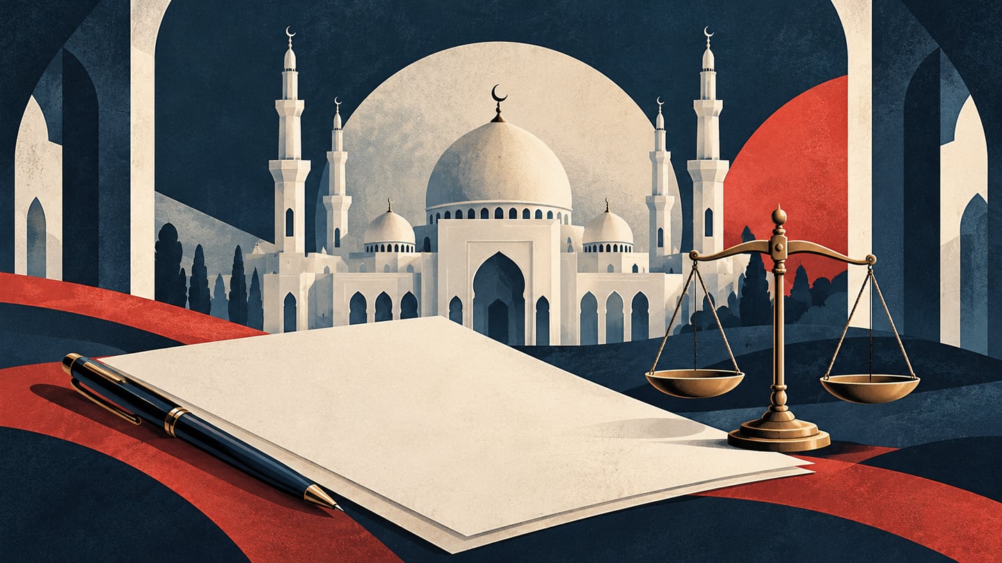 AI-generated editorial illustration of a generic mosque and legal process. It does not depict Shahi Masjid, the Ujjain clashes or any participant.